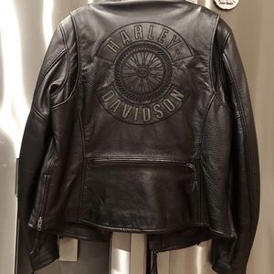 Rare Harley Davidson women's Willie G wheel black leather jacket.